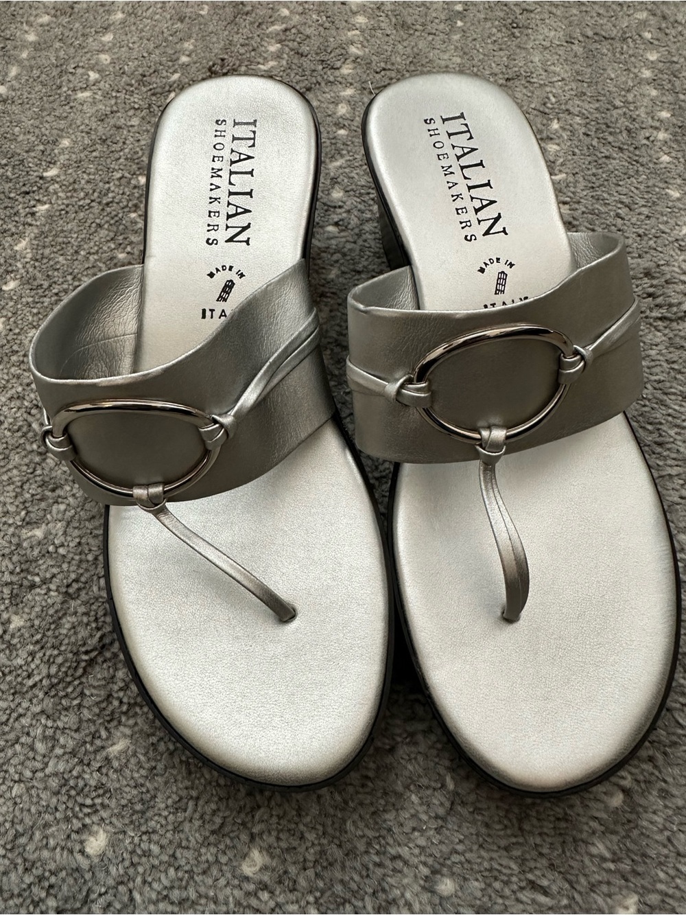 Size 9 Italian Shoemakers Silver Metallic Wedge Thong Sandals Made in Italy